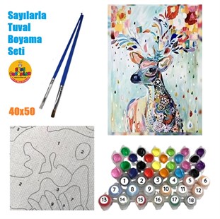 Sayılarla Tuval Boyama Ahşap Çerçeveli Geyik Doğanın Renkleri + Fırça + Akrilik Boyalar